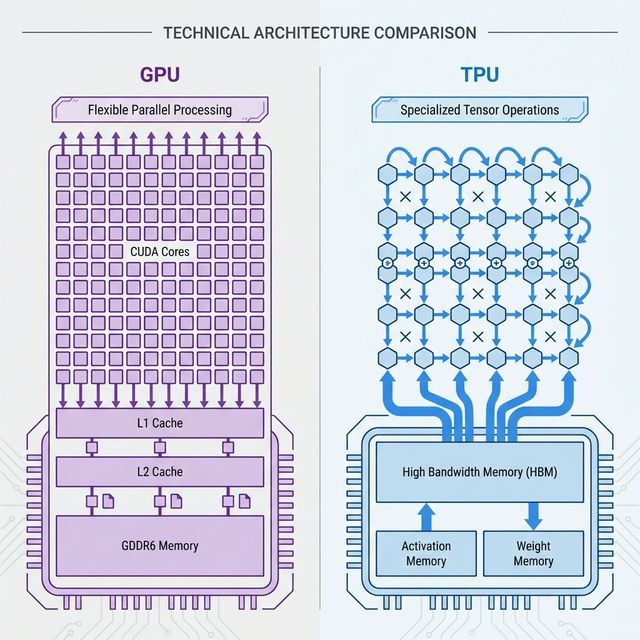 Architecture comparison between GPU CUDA cores and TPU systolic arrays
