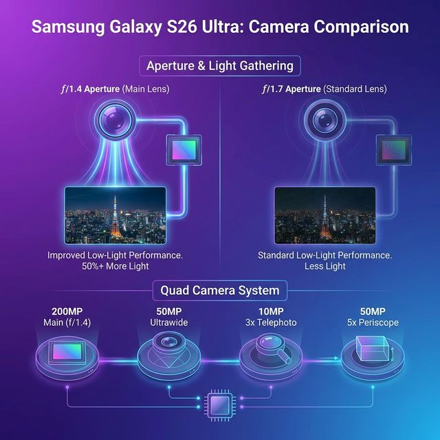 Camera system comparison showing f/1.4 vs f/1.7 aperture and quad camera setup