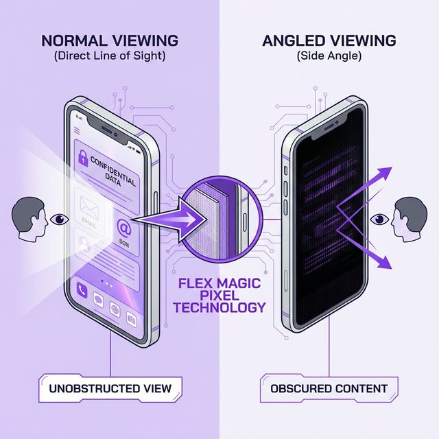 Privacy Display technology comparison showing normal vs angled viewing