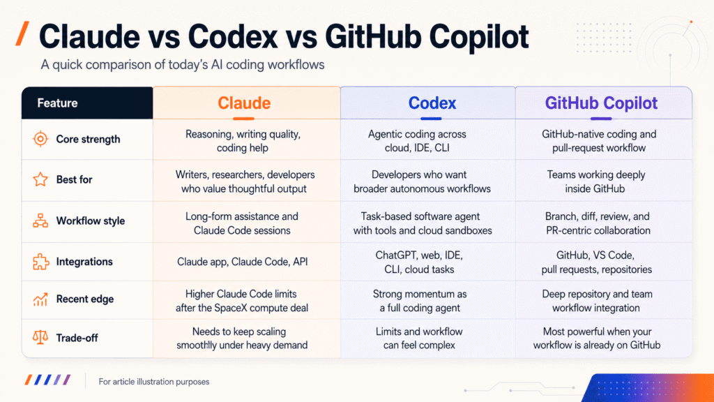 Claude vs Codex vs GitHub Copilot: comparison table