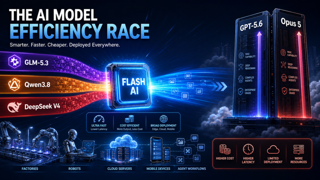 Illustration of China’s Flash AI model strategy across DeepSeek, Qwen and GLM
