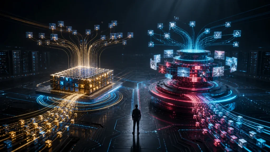 Editorial illustration comparing two sparse AI architectures for Qwen3.8 Flash-Next and GLM-5.3 Flash