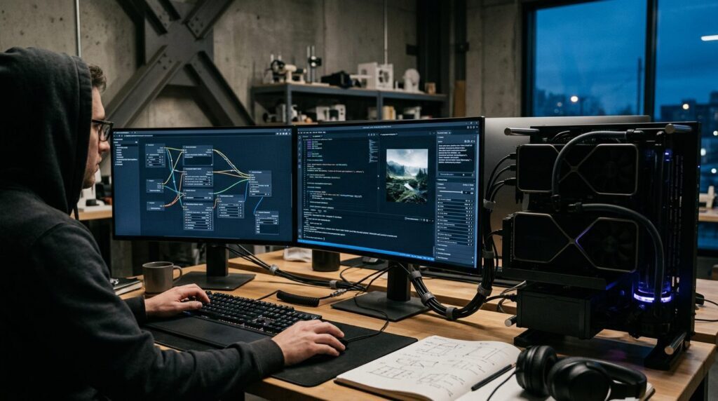 High-end AI workstation running local uncensored image diffusion models and ComfyUI pipelines