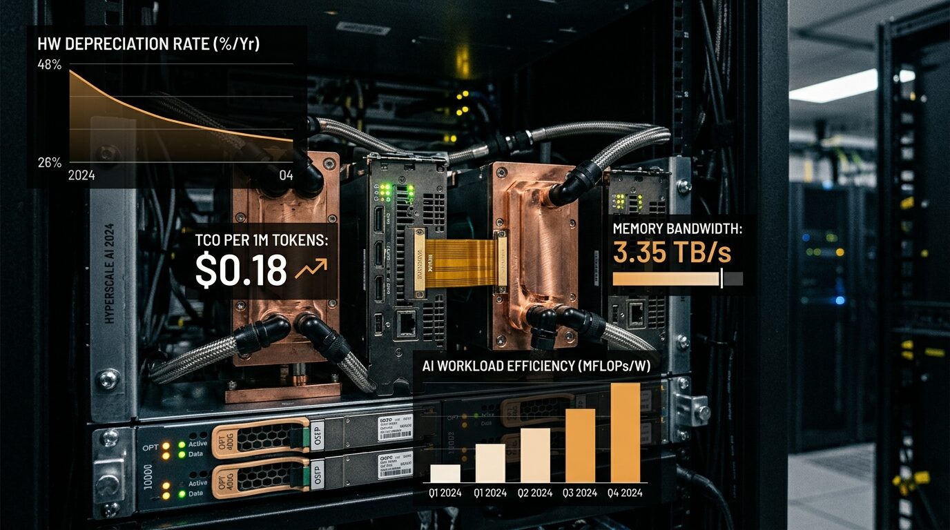 Hyperscale AI inference datacenter server rack with liquid-cooled GPU modules and 2026 per-token TCO telemetry