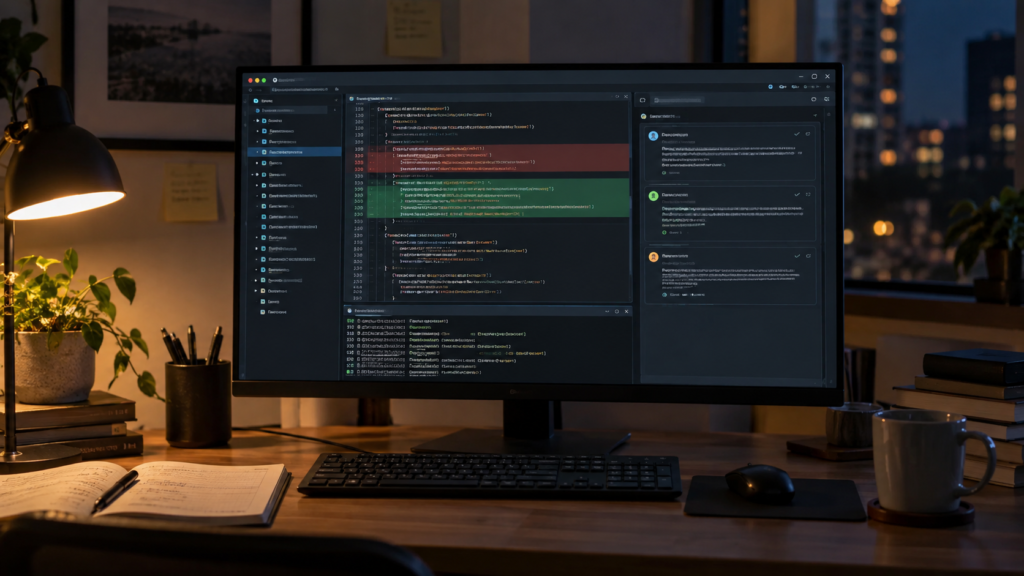 Code review workstation displaying a software diff on a monitor