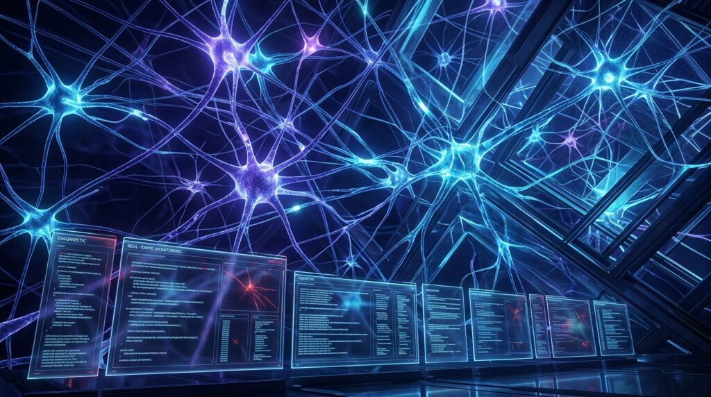 OpenAI An Alien Mind Concept Art: High-dimensional neural lattice with diagnostic monitoring filters breaking down