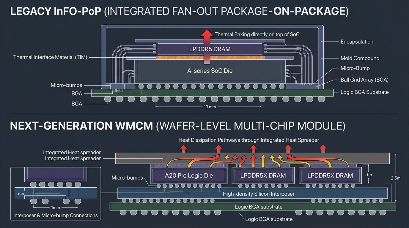 Technical cross section comparing Apple legacy InFO-PoP vertical 3D DRAM stacking vs next-generation WMCM 2.5D horizontal silicon interposer packaging
