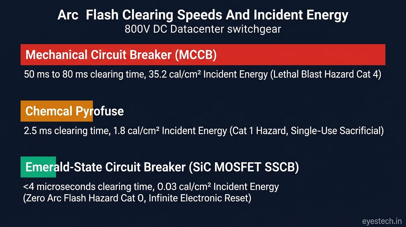 Arc Flash Clearing Speeds and Incident Energy Benchmark in 800V DC Datacenter switchgear comparing MCCB, Pyrofuse, and SiC SSCB