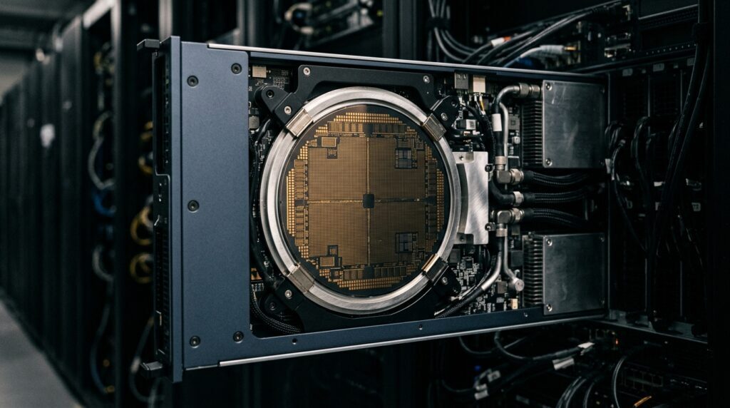 High-density circular silicon wafer-scale processor module mounted inside a liquid-cooled enterprise server blade