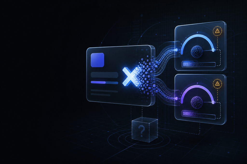 Abstract data illustration showing an AI subscription card splitting into two capped usage meters