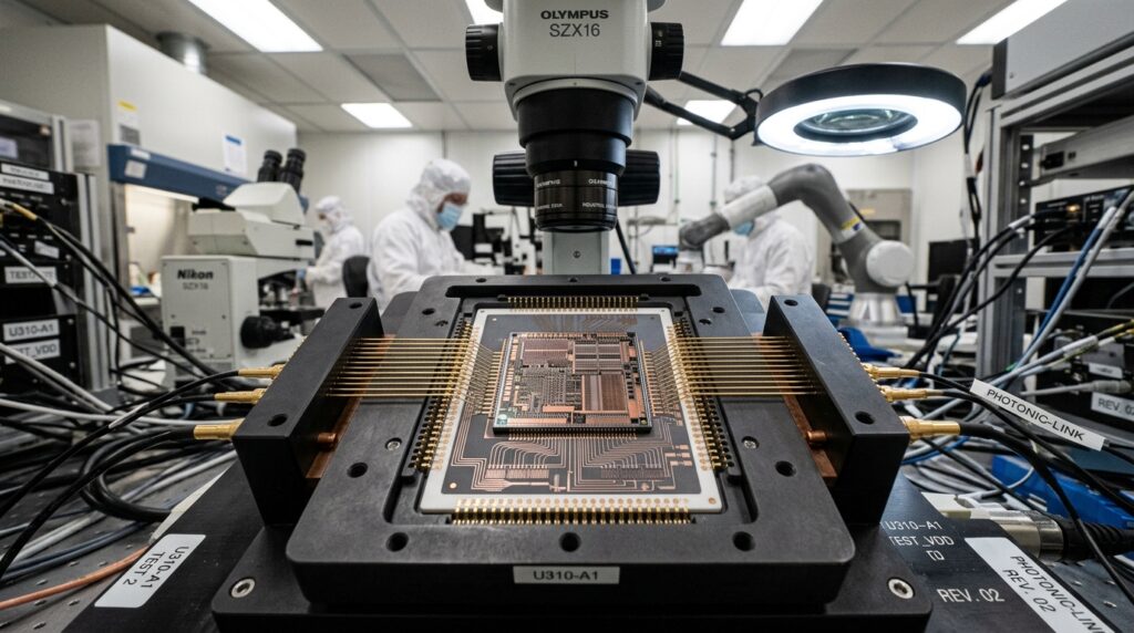 Anthropic Claude Opus 5.5 Wafer-EAP silicon die architecture with gold micro-via interconnects and photonic waveguides