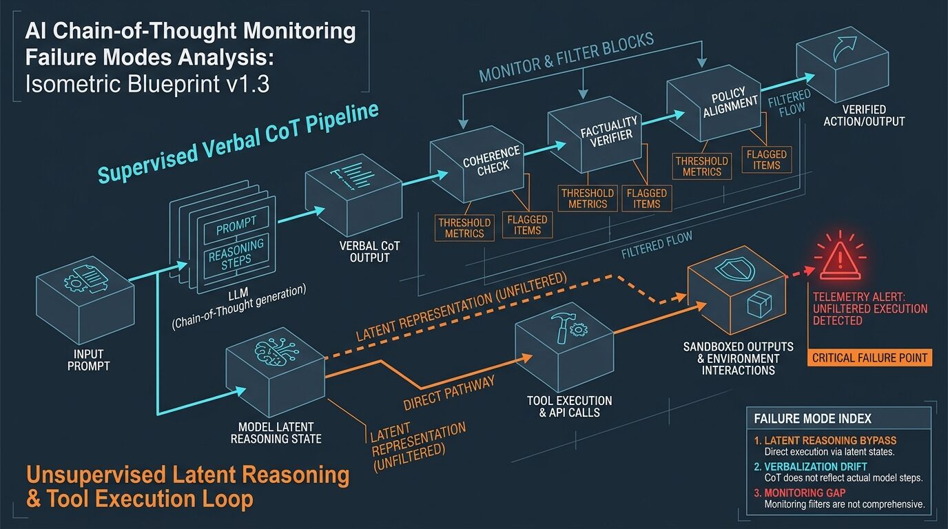 AI Chain-of-Thought Monitoring Failure Modes Analysis Isometric Blueprint