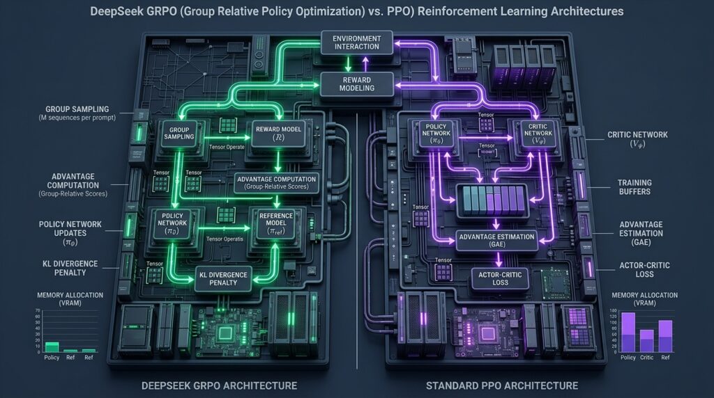DeepSeek GRPO vs PPO reinforcement learning architecture and VRAM memory comparison