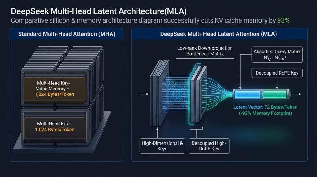 DeepSeek Multi-Head Latent Attention MLA architecture comparative diagram demonstrating 93 percent KV cache memory footprint reduction from 1024 to 72 bytes per token with low-rank bottleneck compression