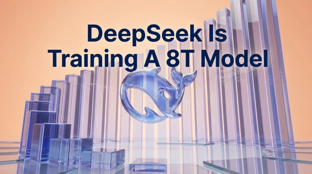 DeepSeek blue whale logo centered with typography DeepSeek Is Training A 8T Model amidst monumental scaling bars on peach background