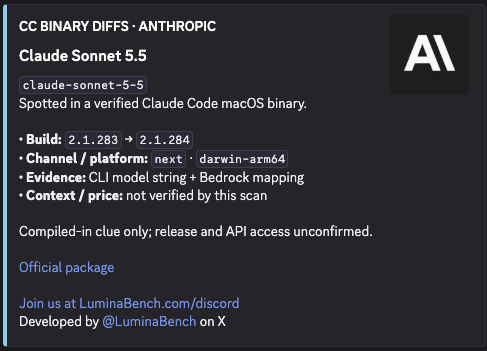 Claude Code macOS Binary Diff showing claude-sonnet-5-5