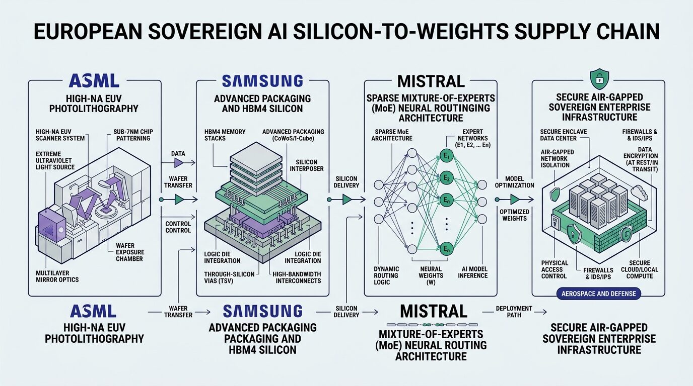 Technical engineering schematic showing ASML High-NA EUV lithography, Samsung HBM4 and advanced packaging, Mistral sparse MoE neural routing, and secure air-gapped sovereign enterprise infrastructure