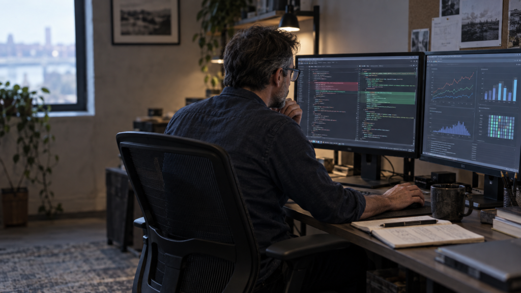 Software engineer reviewing a code diff beside benchmark dashboards