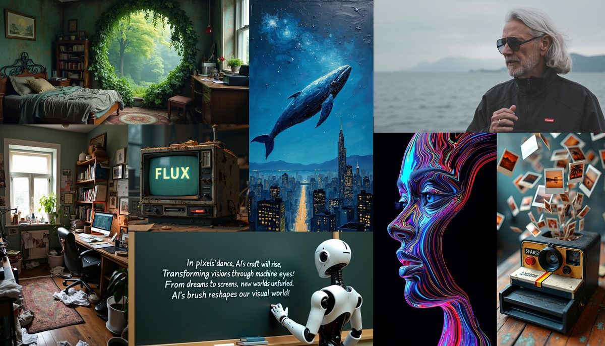 Official Black Forest Labs FLUX.1 generative diffusion model visual samples demonstrating photorealism and spatial typography