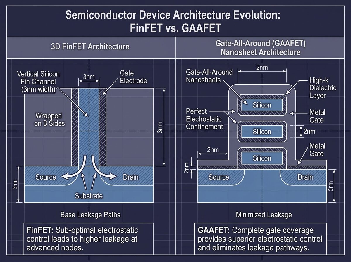 Semiconductor engineering diagram comparing 3nm FinFET vertical channel leakage against 2nm Gate-All-Around GAAFET stacked nanosheet electrostatic confinement