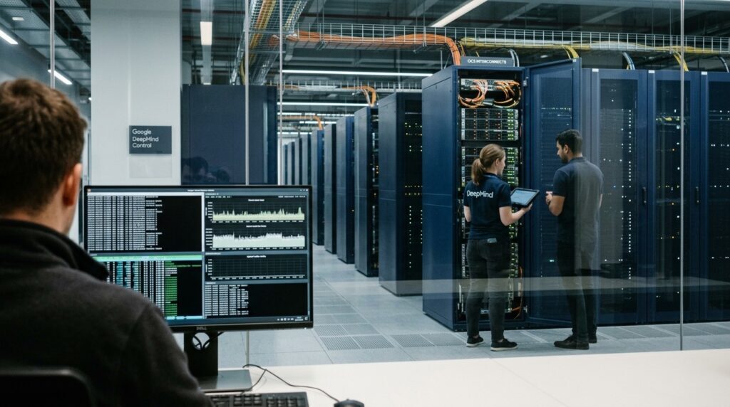 Google DeepMind datacenter with TPU v6e and v7 supercomputer racks and engineering telemetry monitor