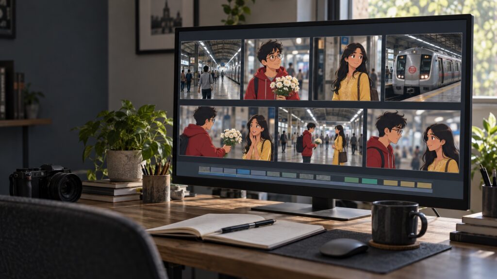 AI-generated animated romance storyboard on a video-editing monitor, set in a Delhi metro station