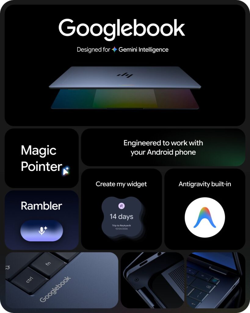 Googlebook system bento showing Magic Pointer, Rambler, native phone sync, Create My Widget, and Antigravity