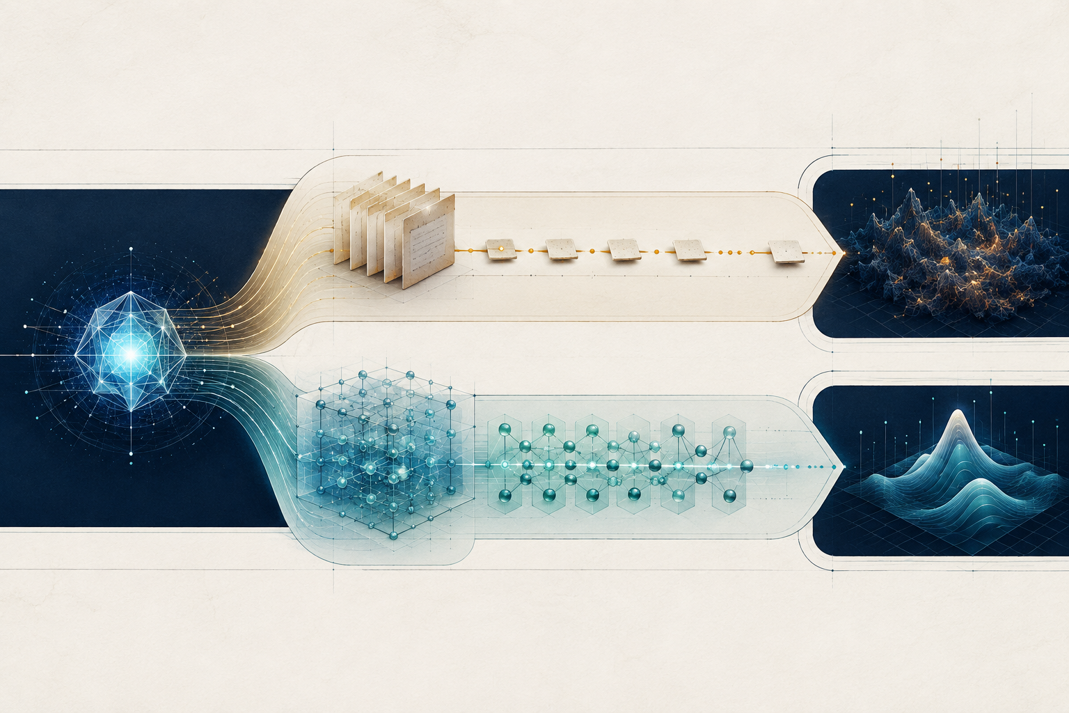 Illustration of one AI model branching into two memory and harness paths with different benchmark outcomes