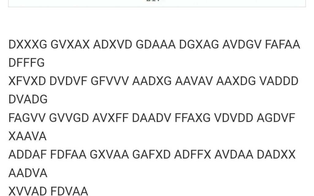 Original 170-character WWI German ADFGVX radio cipher message intercepted on November 27 1918 from Sevastopol