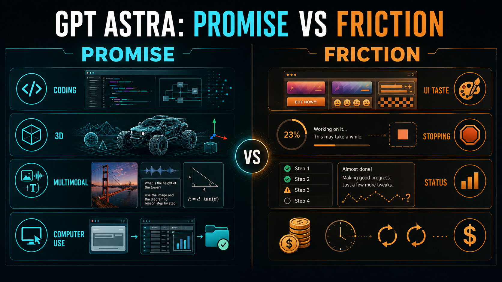 GPT Astra promise versus friction: reported coding, 3D, multimodal and computer-use strengths against UI taste, stopping, status and cost risks