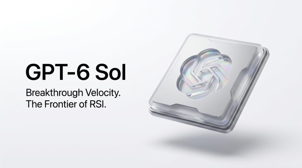 Apple style keynote visual of GPT-6 Sol neural core floating on white background with typography