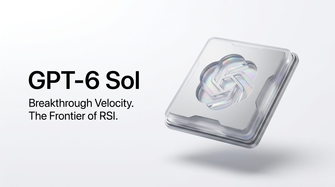 Apple style keynote visual of GPT-6 Sol neural core floating on white background with typography