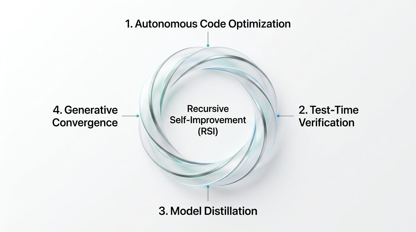 Apple style keynote architecture diagram mapping the four stages of Recursive Self-Improvement