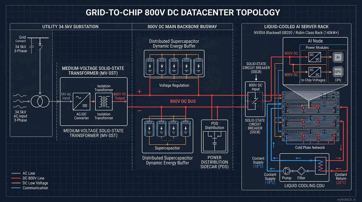 Grid-to-Chip 800V DC Datacenter Topology Architecture Diagram showing MV-SST, Supercapacitor Energy Buffer, Power Sidecar, and Liquid-Cooled AI Server Rack