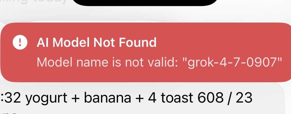 Leaked Grok Bot runtime error toast notification disclosing internal model slug grok-4-7-0907