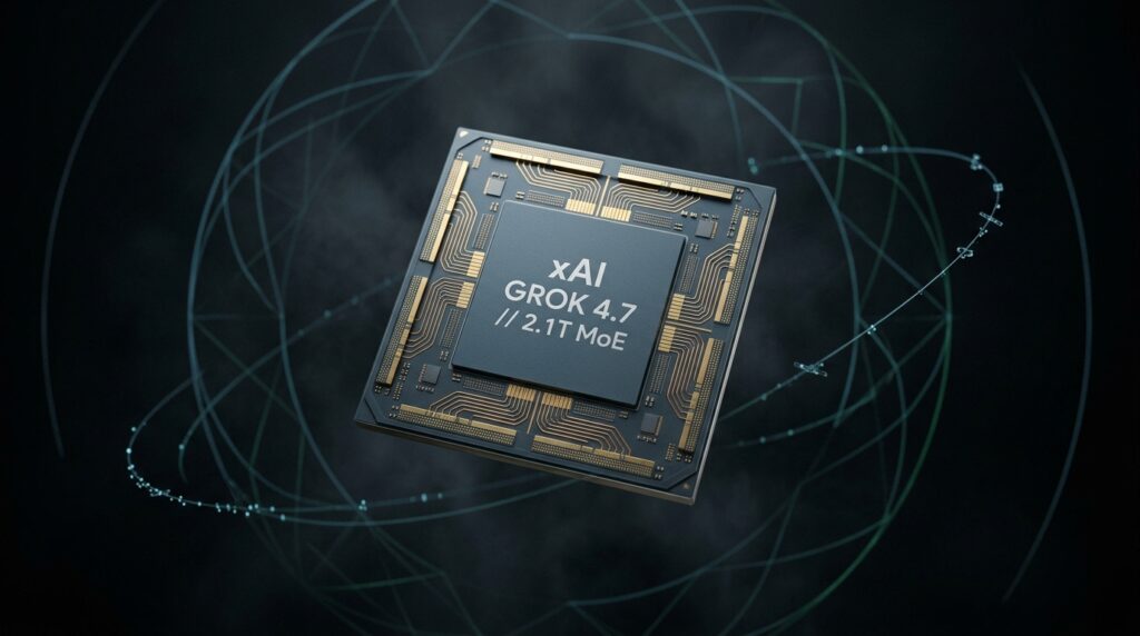 xAI Grok 4.7 2.1-trillion parameter Mixture-of-Experts neural core die with gold busbars and orbital Starlink telemetry wireframes