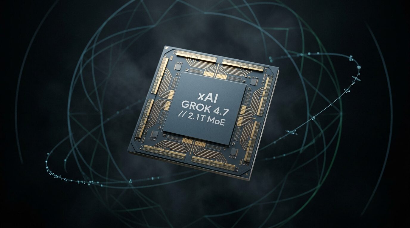 xAI Grok 4.7 2.1-trillion parameter Mixture-of-Experts neural core die with gold busbars and orbital Starlink constellation wireframes