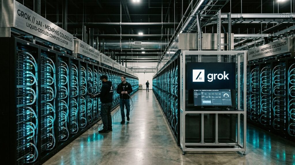 Inside the 200,000 liquid-cooled GPU Colossus supercluster hall in Memphis featuring the Grok logo