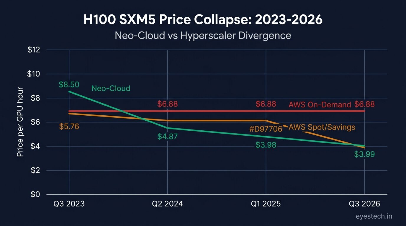 H100 SXM5 GPU rental price history chart 2023 to 2026 — Neo-Cloud vs AWS on-demand price trajectory showing neo-cloud collapse from $8.50 to $3.99 while AWS held at $6.88 per GPU-hour
