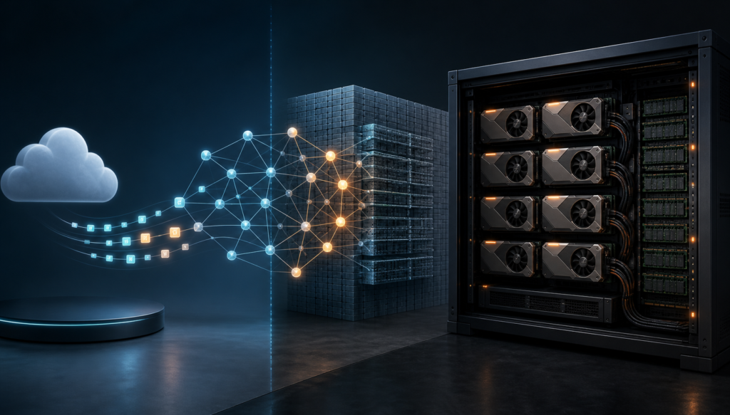 Editorial systems illustration contrasting a cloud API lane with a multi-GPU server rack for Tencent Hy4 preview.