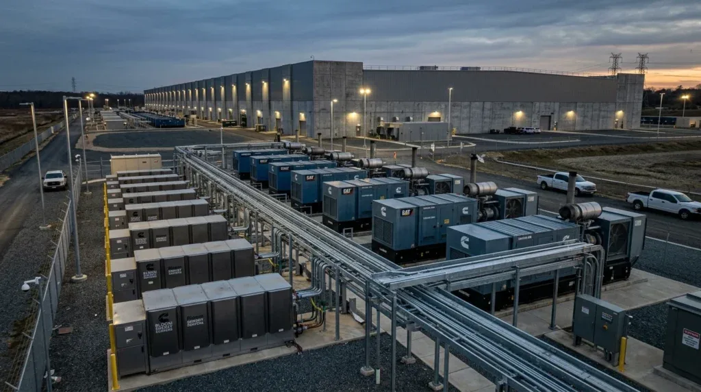 Rows of industrial natural gas generators and Bloom Energy solid oxide fuel cells outside a 2.6M sq ft AI data center