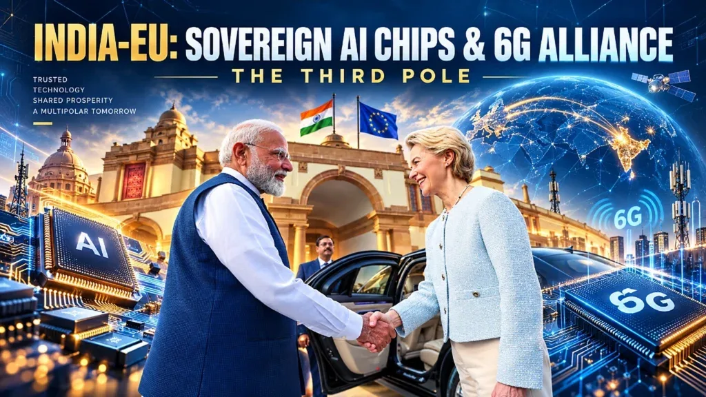 India and EU joint sovereign AI chip and 6G alliance featuring PM Narendra Modi and Ursula von der Leyen with AI semiconductor hardware