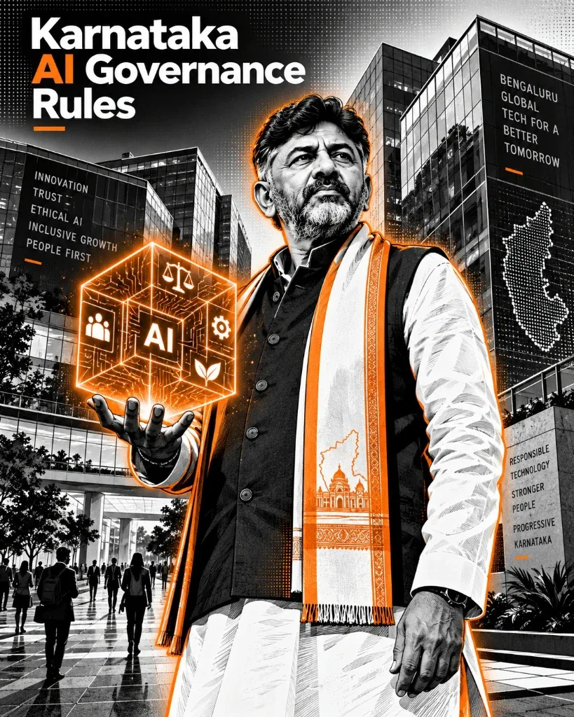 Karnataka AI Governance Rules - D.K. Shivakumar holding glowing AI cube in front of IT tech park