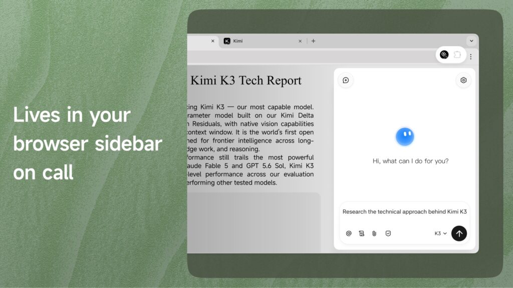 Kimi Browser Extension embedded in Google Chrome sidebar showing autonomous skills on call