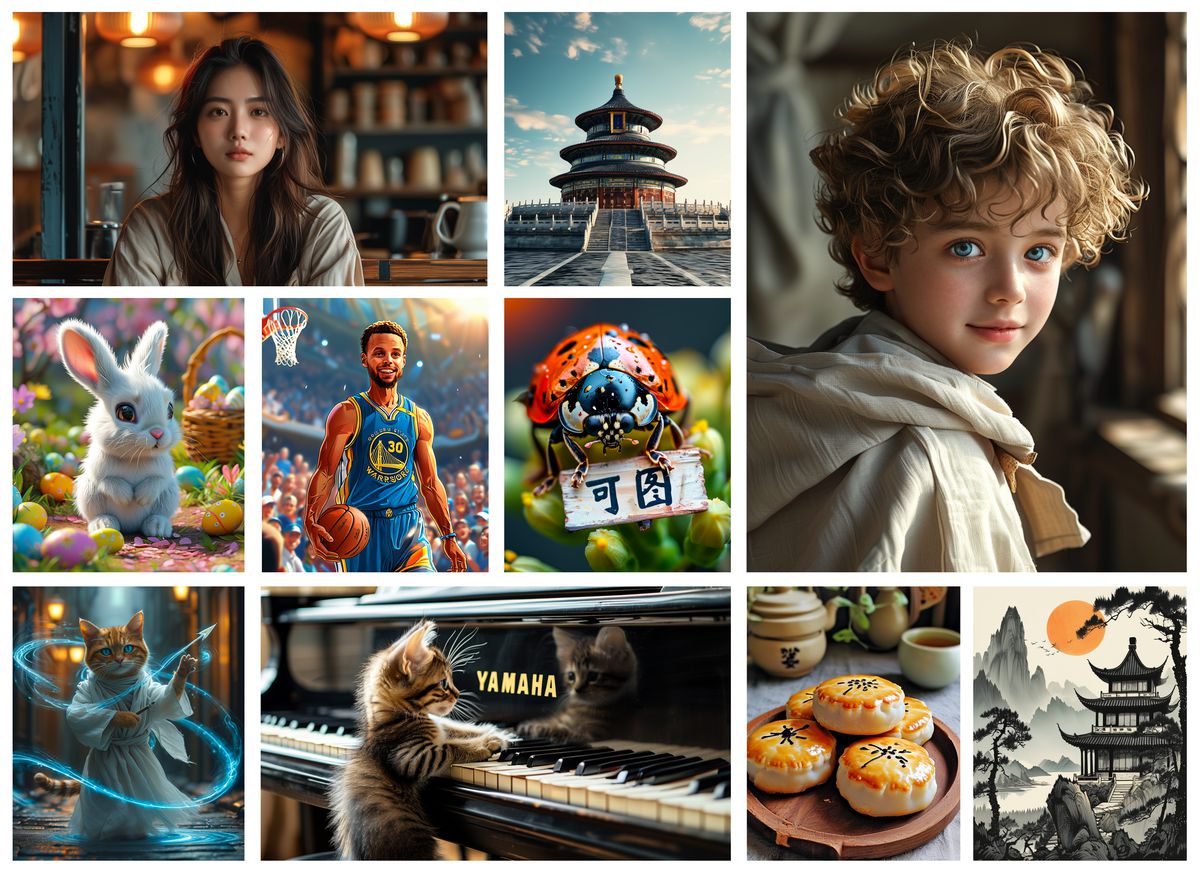 Kolors bilingual text-to-image synthesis showcase featuring intricate lighting and complex multi-subject cultural rendering