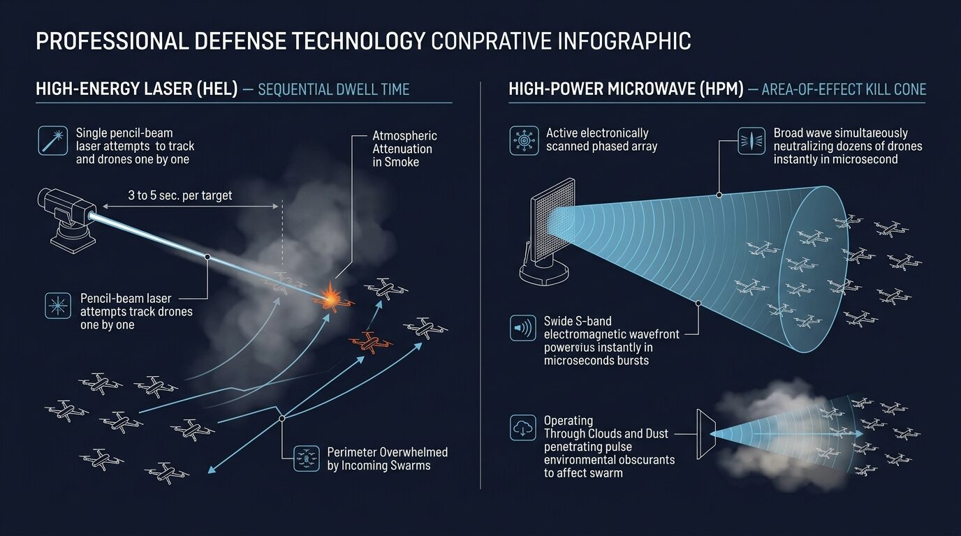 High Energy Laser Dwell Time versus High Power Microwave Area Kill Cone Infographic