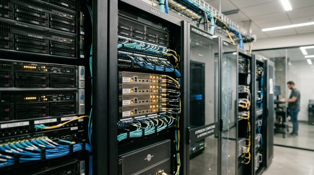 High-performance AI inference server cluster nodes in modern datacenter lab executing sub-35ms decision inference