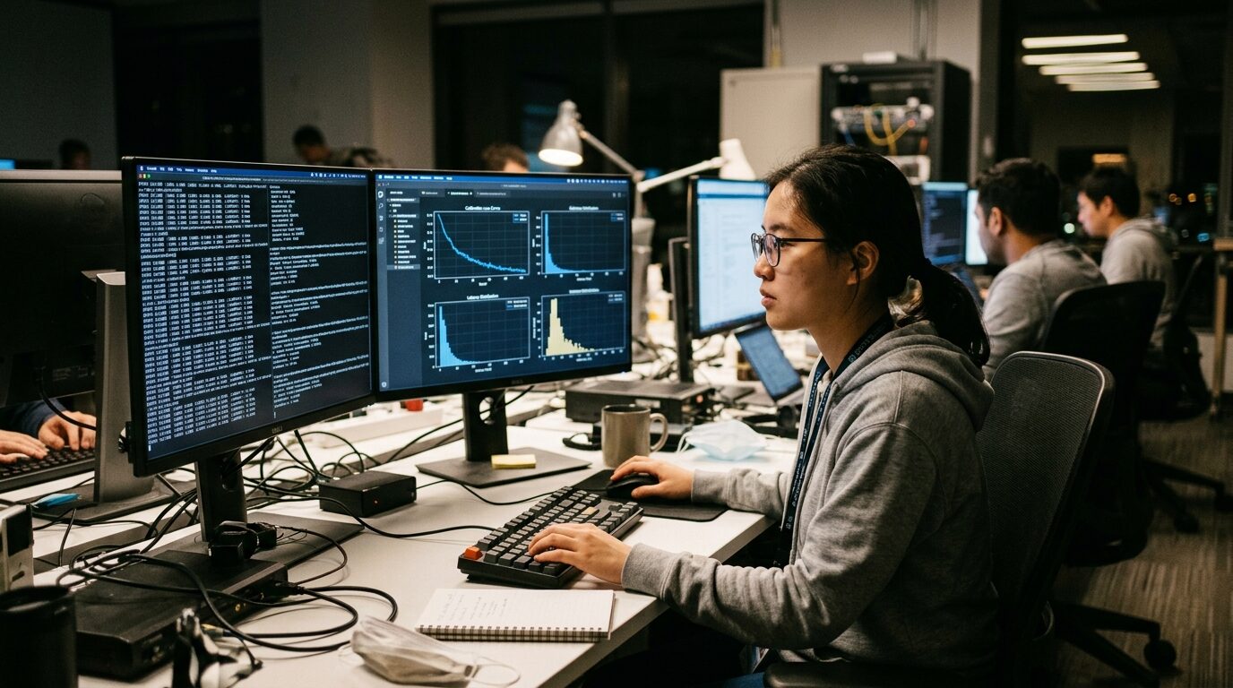 AI systems engineer analyzing RLCD calibration loss curves and sub-35ms inference latency distributions