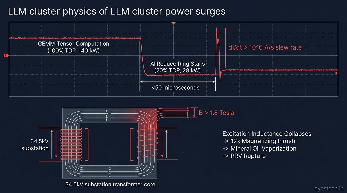 LLM cluster power surge waveform and 34.5kV substation transformer core saturation physics diagram