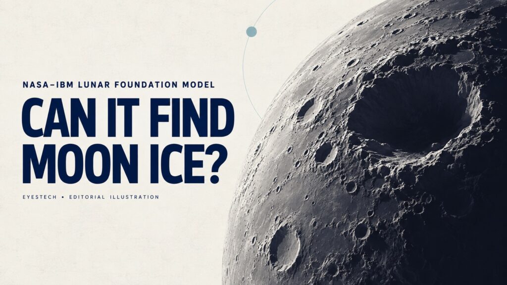 Illustrated shadowed lunar crater beside the headline Can It Find Moon Ice?